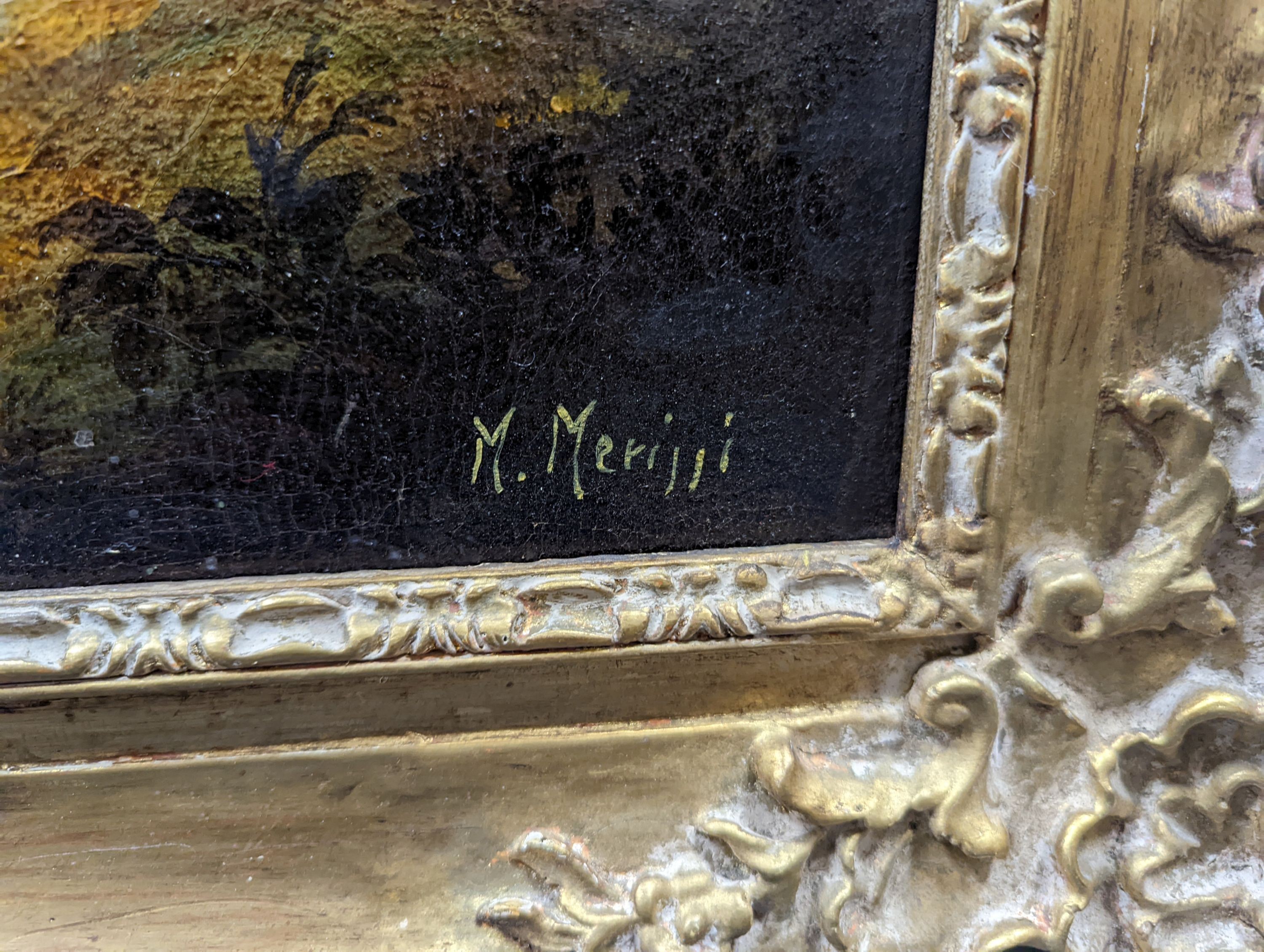 M. Merini, oil on canvas, Italianate landscape with woman beside a well, signed, 68 x 98cm